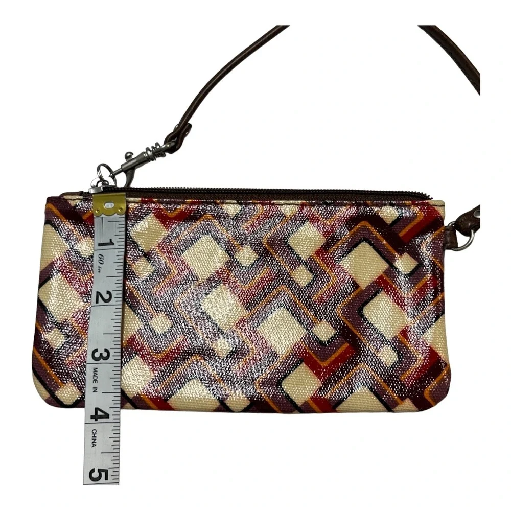 Fossil Wristlet Wallet Key Per Brown Coated‎ Canvas Geometrical Retro Print 70s